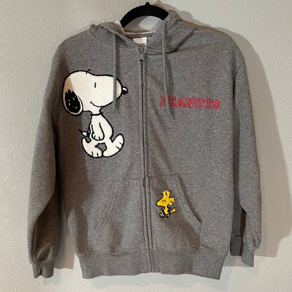 Peanuts Tops - Peanuts Snoopy Woodstock Graphic Full Zip Hoodie Heather Charcoal XS